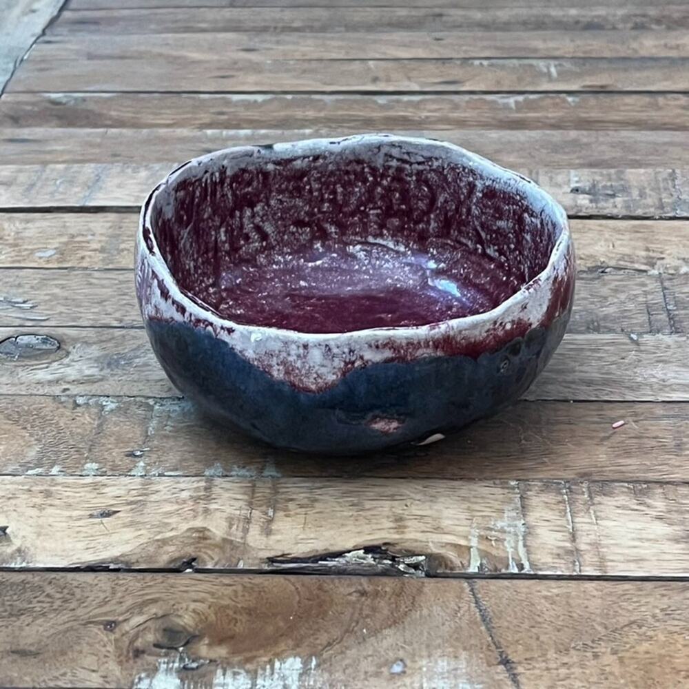 Art Studio Pottery Stoneware Clay Bowl 5.5" Blue Maroon Rustic Gloss Finish